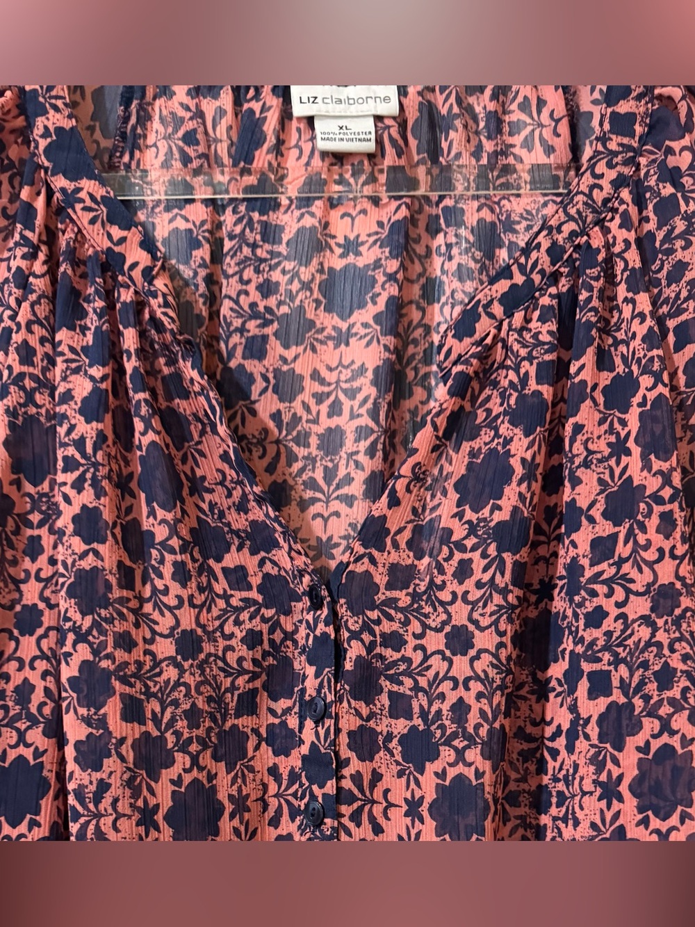 Liz Claiborne Navy and Coral Floral Print Peasant Top XL Semi Sheer - Picture 2 of 5